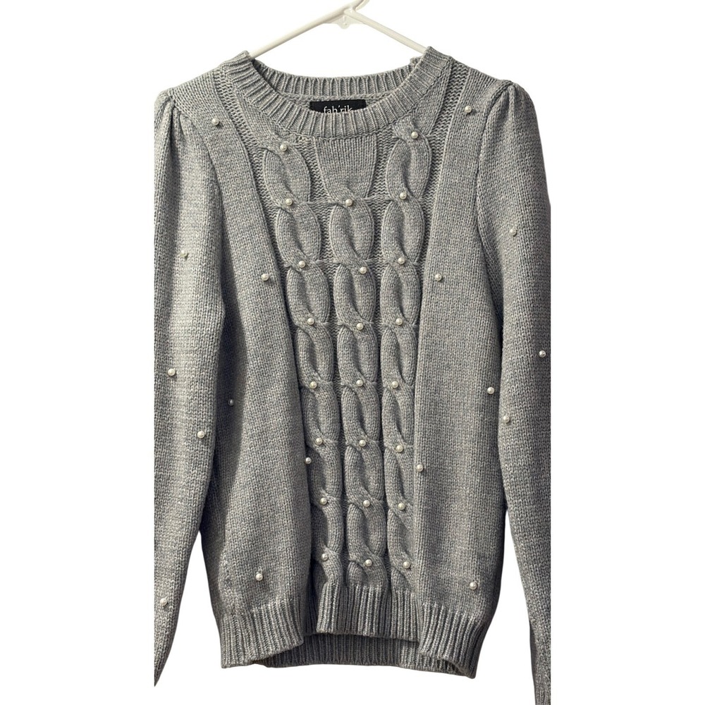 Chunky CableKnit Crewneck Sweater Pearl Puff Sleeve Gray Old Money|Quiet Luxury - Picture 5 of 9